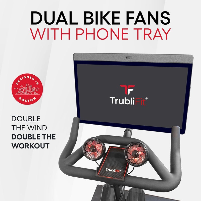 TrubliFit مراوح دراجات مزدوجة مع صينية هاتف لدراجة بيلوتون - حامل هاتف معدني بالكامل - لا حاجة للبطاريات - ملحقات لدراجة بيلوتون - متوافقة مع دراجة التدريب المتقاطع - Image 3